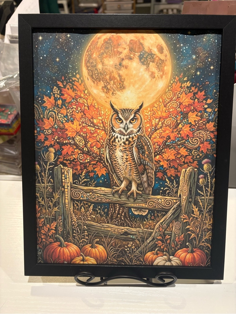 Autumn Owl Moon Wall Framed 8x10 Art Print - Orange & Brown